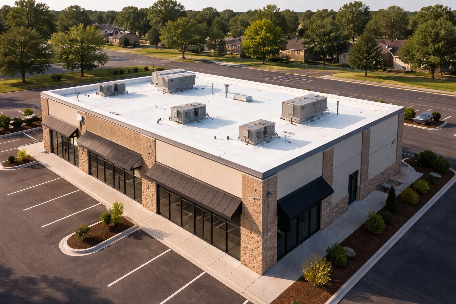 Rose Rock Roofing flat roof membrane installation in progress on commercial unit